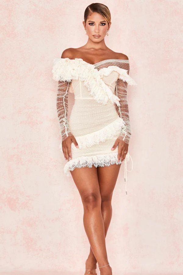 IVORY LACE FRILL MINI DRESS