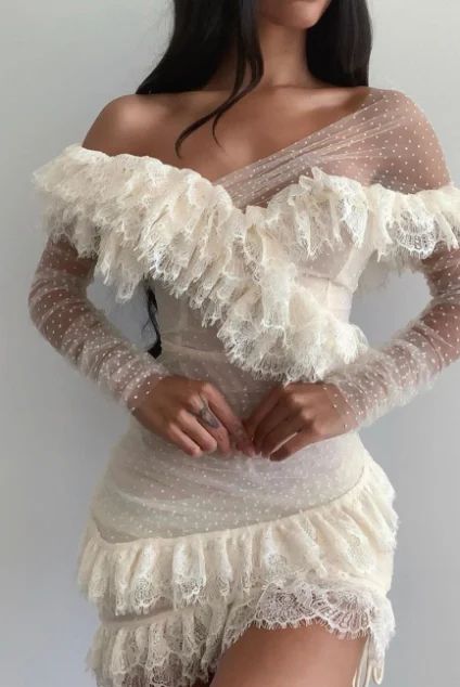 IVORY LACE FRILL MINI DRESS